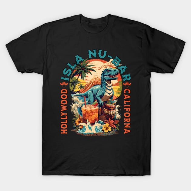 The dinosaur Tiki Isla Nu Bar Tropical Ddrinks Hollywood California T-Shirt by Joaddo